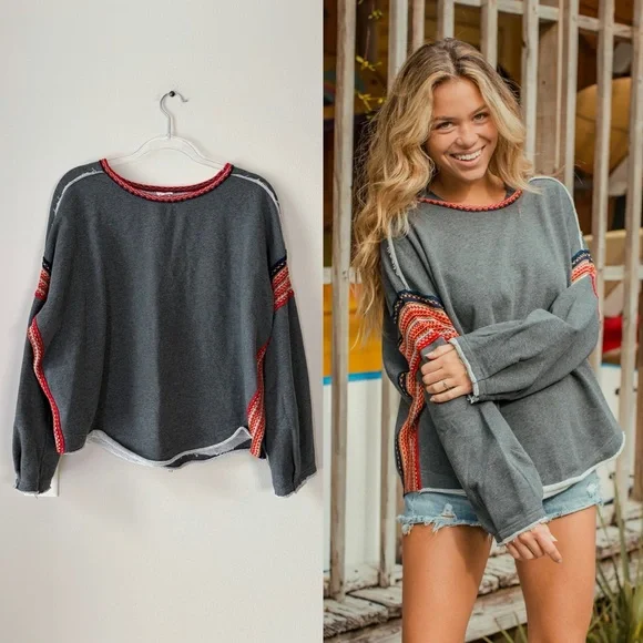 Natural Life Charcoal Knit Trim Sweatshirt Size L/XL - Picture 1 of 10